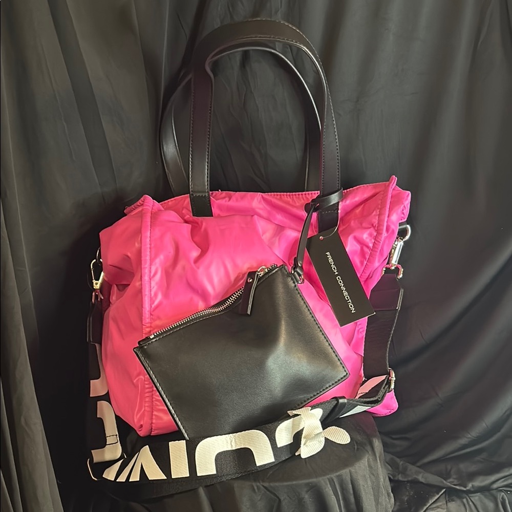 French Connection NWT Hot Pink Puff Tote w Black Zipper Wallet & Lg Strap